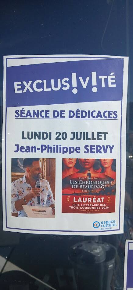 Jean-Philippe Servy dédicace son thriller Les Chroniques de Beaurivage – L'Héritage au Centre Culturel E.Leclerc de Royan, lors d'une rencontre chaleureuse avec les lecteurs en Charente-Maritime.