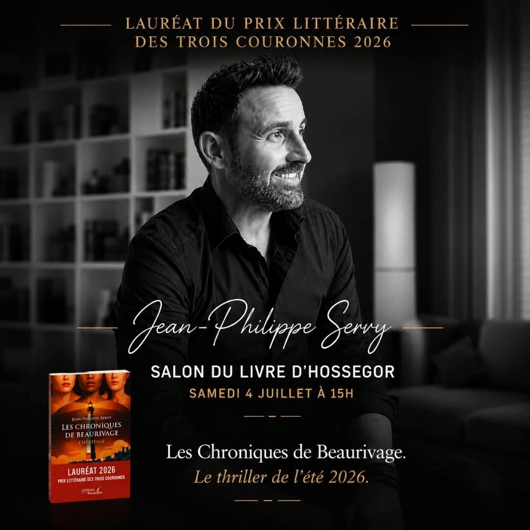 Jean-Philippe Servy, auteur des Chroniques de Beaurivage – L'Héritage (Éditions Baudelaire), thriller 2026 et roman à succès, aux côtés de Frédéric Beigbeder lors du Salon du Livre d'Hossegor 2026. Lauréat du Prix Littéraire des Trois Couronnes 2026.