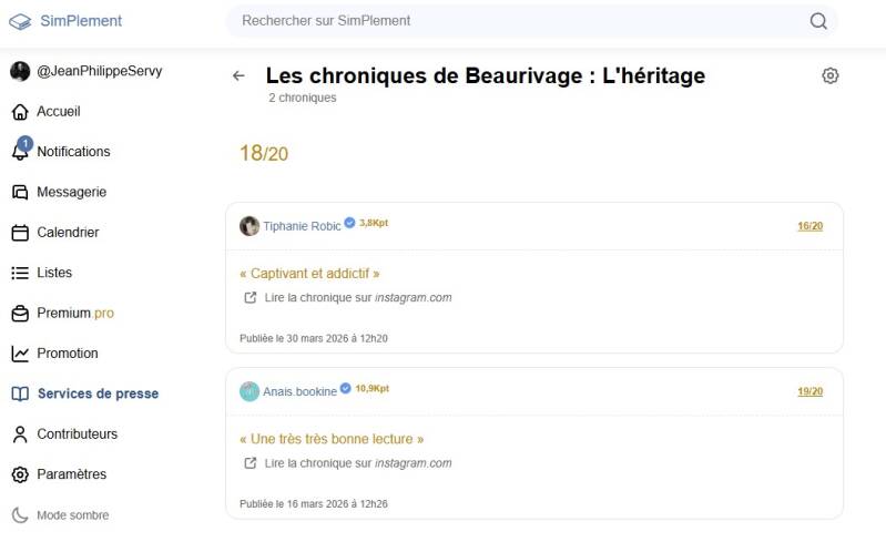 age SimPlement présentant une note moyenne de 18/20 pour Les Chroniques de Beaurivage de Jean-Philippe Servy, avec deux chroniques littéraires publiées en mars 2026.