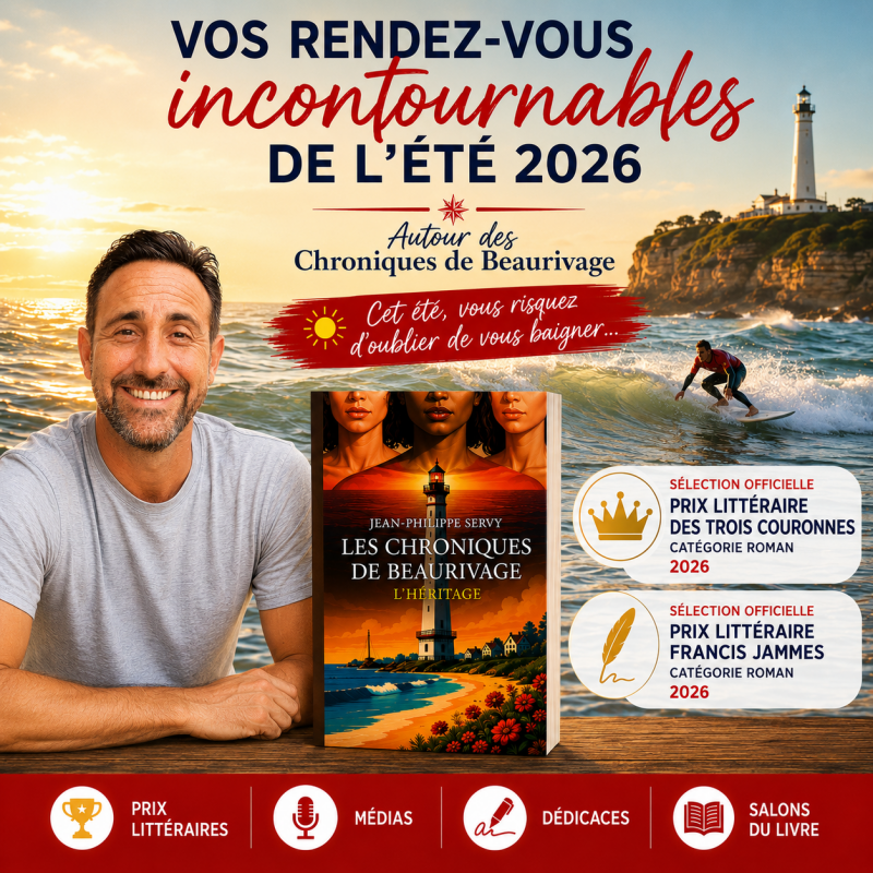 Affiche « Vos rendez-vous de l'été 2026 » pour le thriller « Les Chroniques de Beaurivage : L'Héritage » de Jean-Philippe Servy. Visuel côtier avec l'auteur, la couverture du livre et les macarons des sélections officielles aux Prix des Trois Couronnes 20