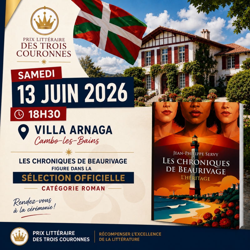 ean-Philippe Servy sélectionné au Prix Littéraire des Trois Couronnes 2026 à Cambo-les-Bains pour le roman Les Chroniques de Beaurivage.