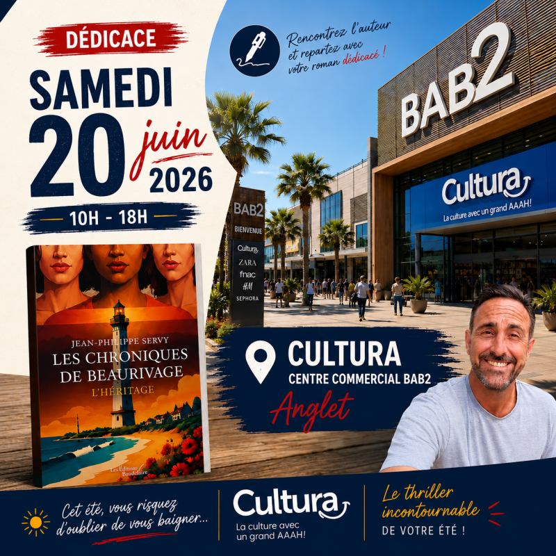 Séance de dédicace de Jean-Philippe Servy à Cultura BAB2 Anglet pour Les Chroniques de Beaurivage le 20 juin 2026.