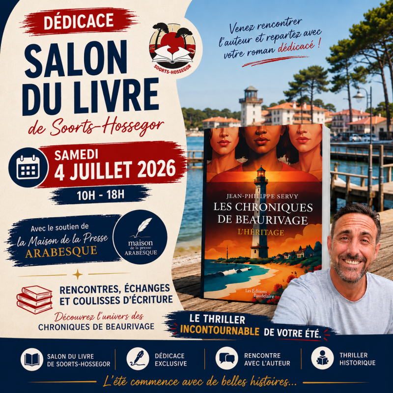 Jean-Philippe Servy au Salon du Livre de Soorts-Hossegor 2026 pour rencontrer les lecteurs des Chroniques de Beaurivage.