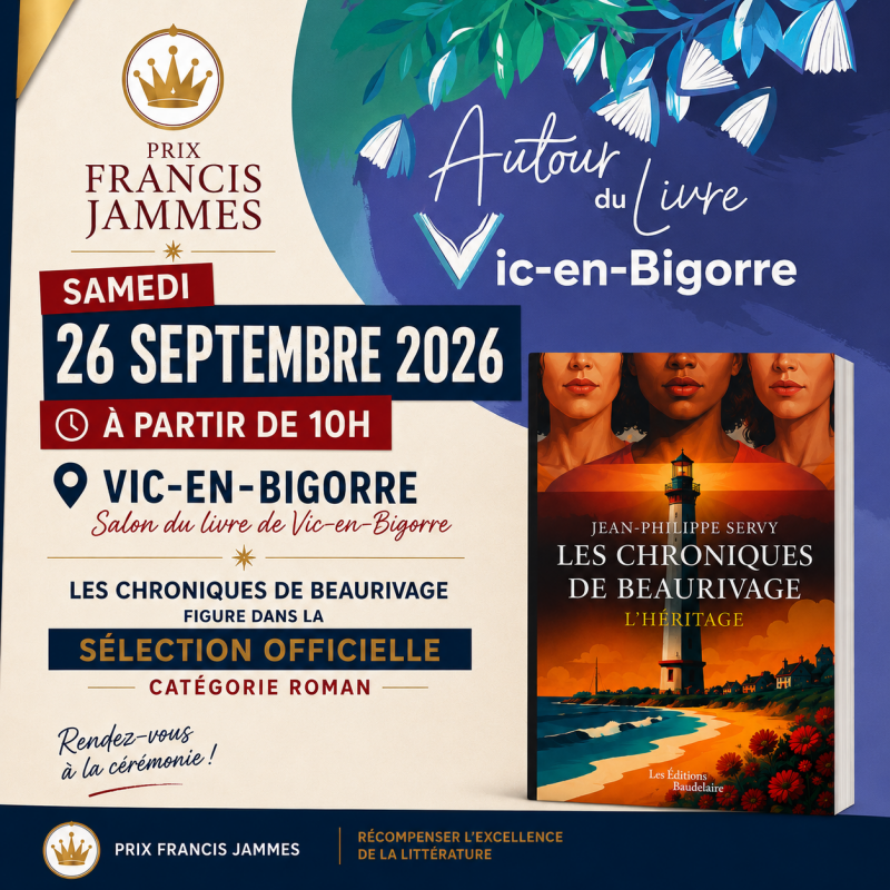 Les Chroniques de Beaurivage sélectionné au Prix Francis Jammes 2026 lors du Salon du Livre de Vic-en-Bigorre.