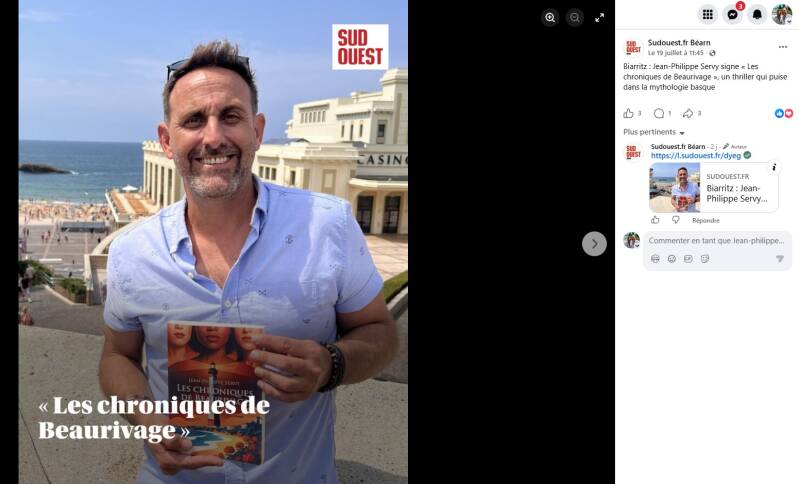 Articles du journal Sud Ouest consacrés au roman « Les Chroniques de Beaurivage » de Jean-Philippe Servy. La couverture du quotidien annonce l'article, tandis qu'une page intérieure présente l'auteur à Biarritz et son thriller psychologique 
