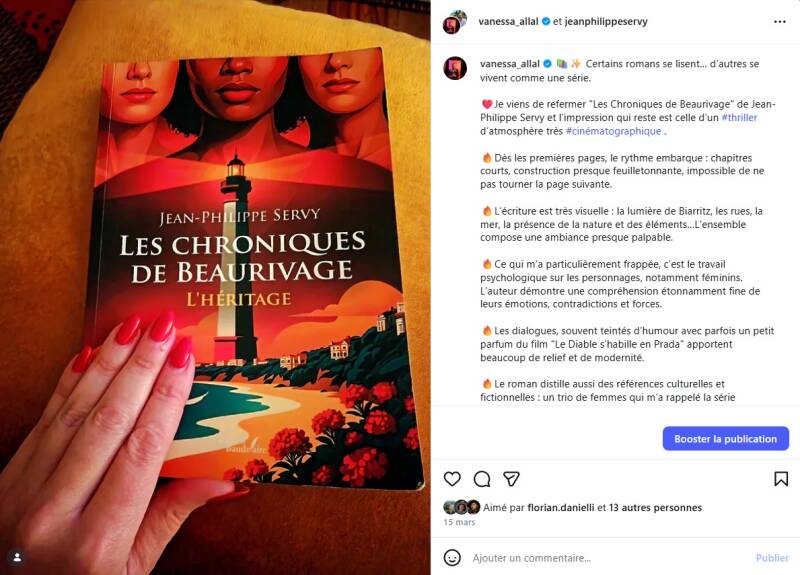 Avis Instagram de Vanessa Allal sur Les Chroniques de Beaurivage de Jean-Philippe Servy, décrit comme un thriller d'atmosphère très cinématographique.