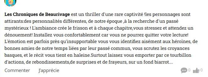 Avis de lecteurs, chroniques littéraires et critiques positives sur Simplement Pro, Babelio, Fnac, Amazon et Cultura pour le thriller Les Chroniques de Beaurivage de Jean-Philippe Servy.