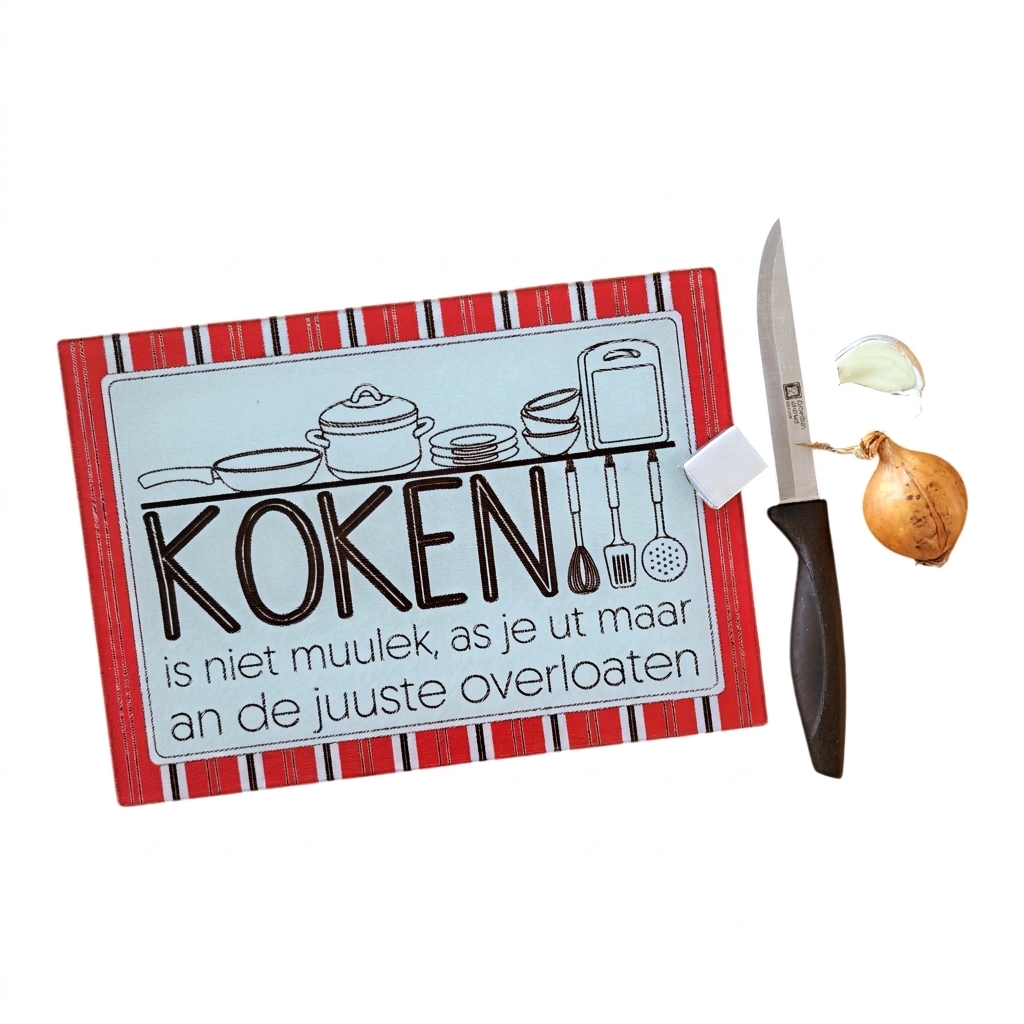 Glazen snijplank 'Koken is niet muulek (...)'