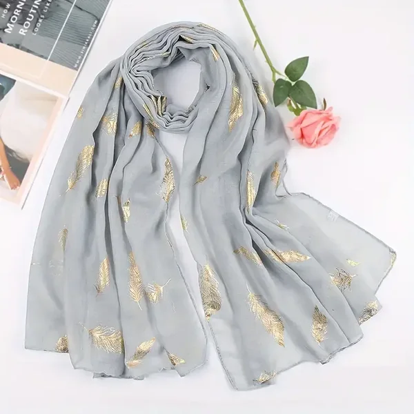 Cotton Scarf with Gold Feather Print.