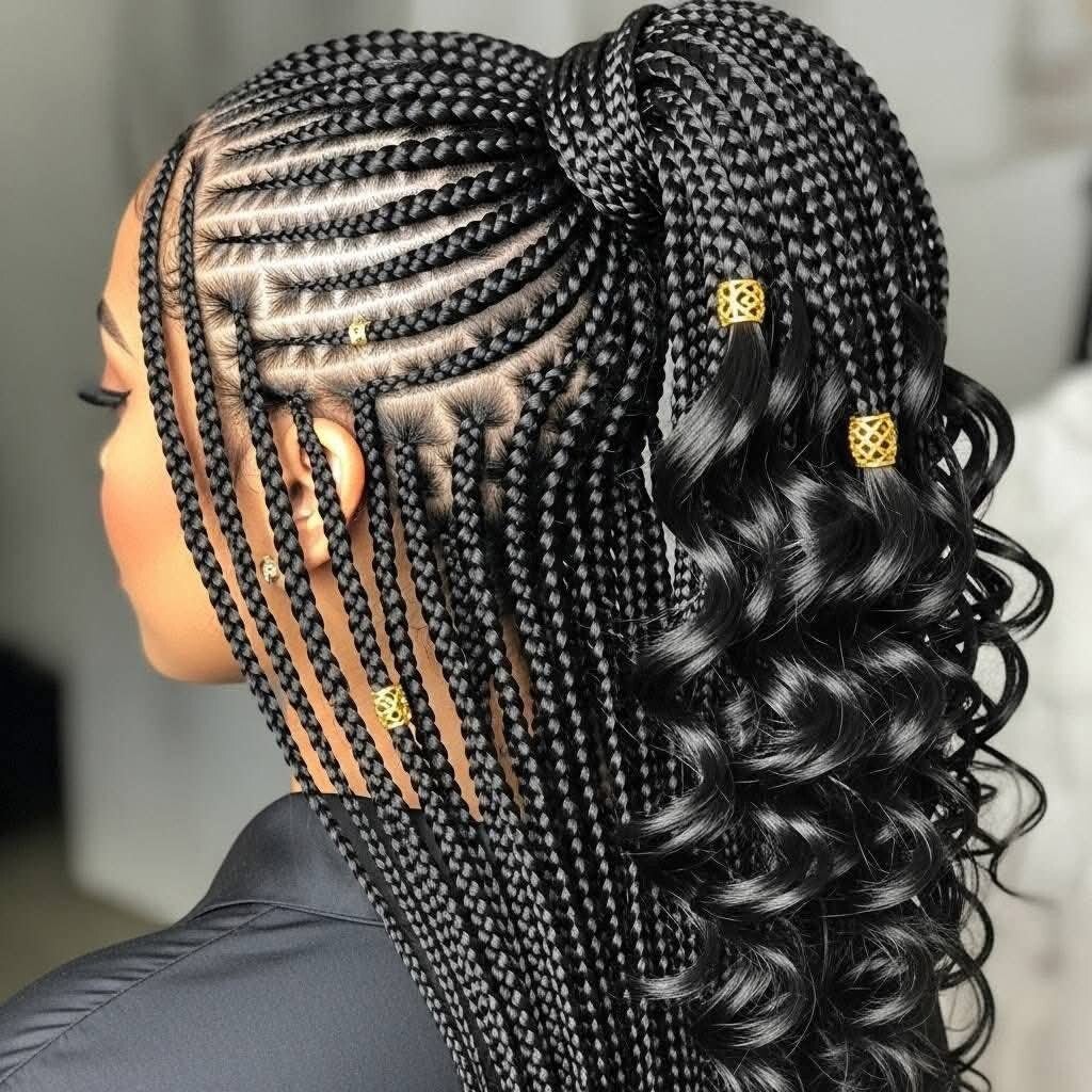 2step Ghana weaving made with full 360 lace. End end braide curls