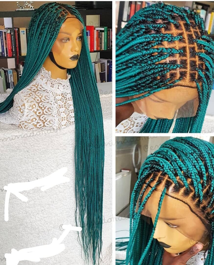 Box braids made with full 360 lace. Color green
