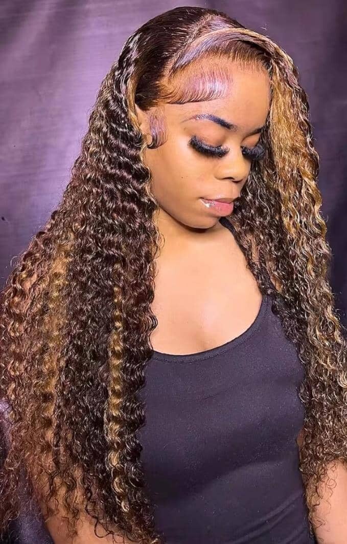 HD Transparent highlight human hair wig Deep waves 13by4 full frontal HD lace 100 % human hair 250g