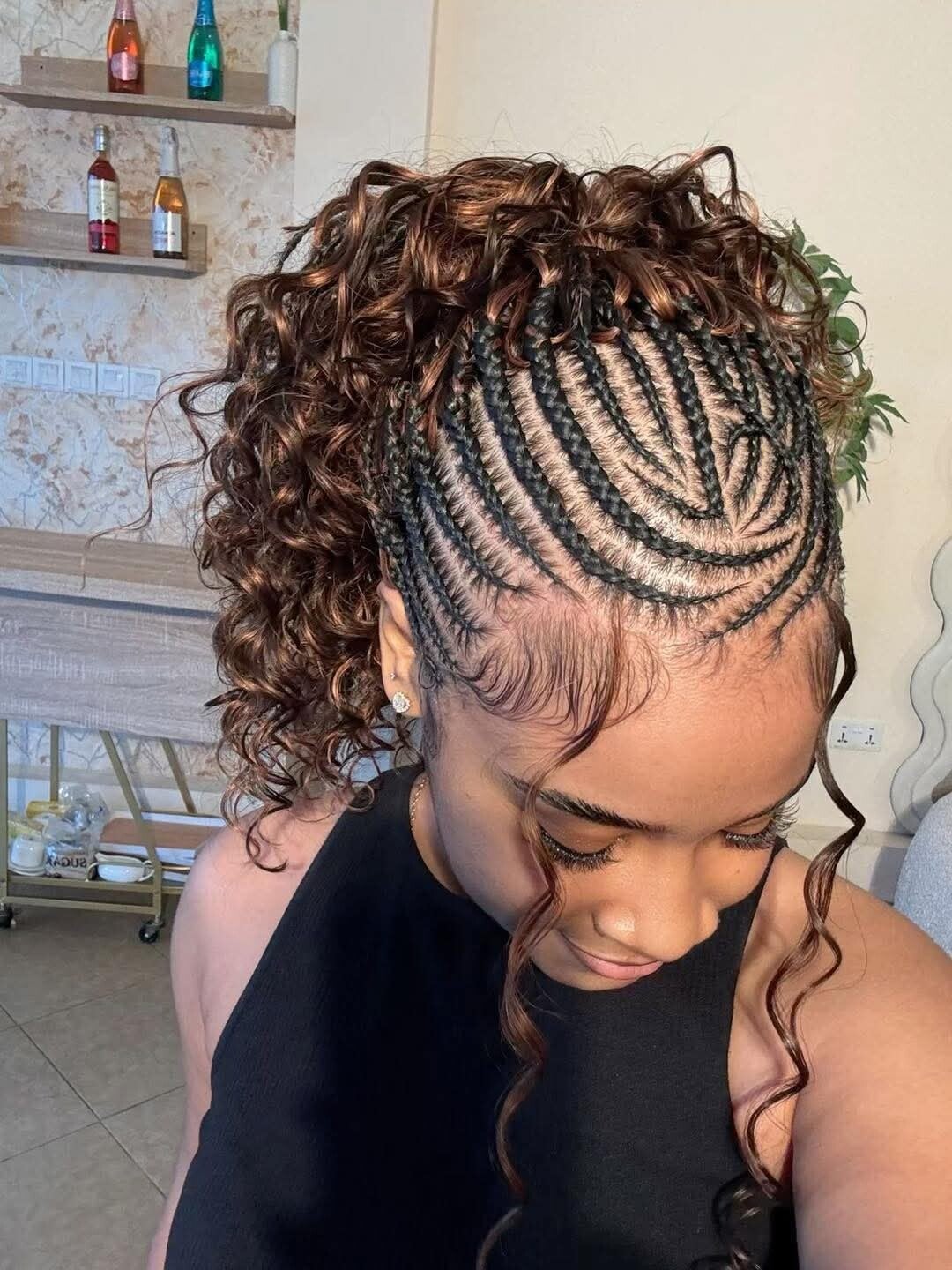 Inner all back Ghana weaving end with curls