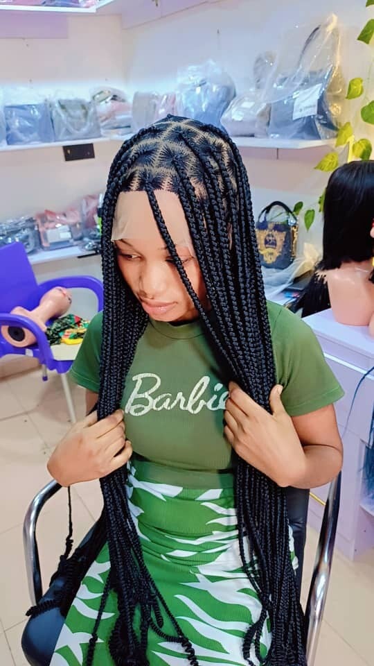 Box braids made with full 360 lace.  End with curls