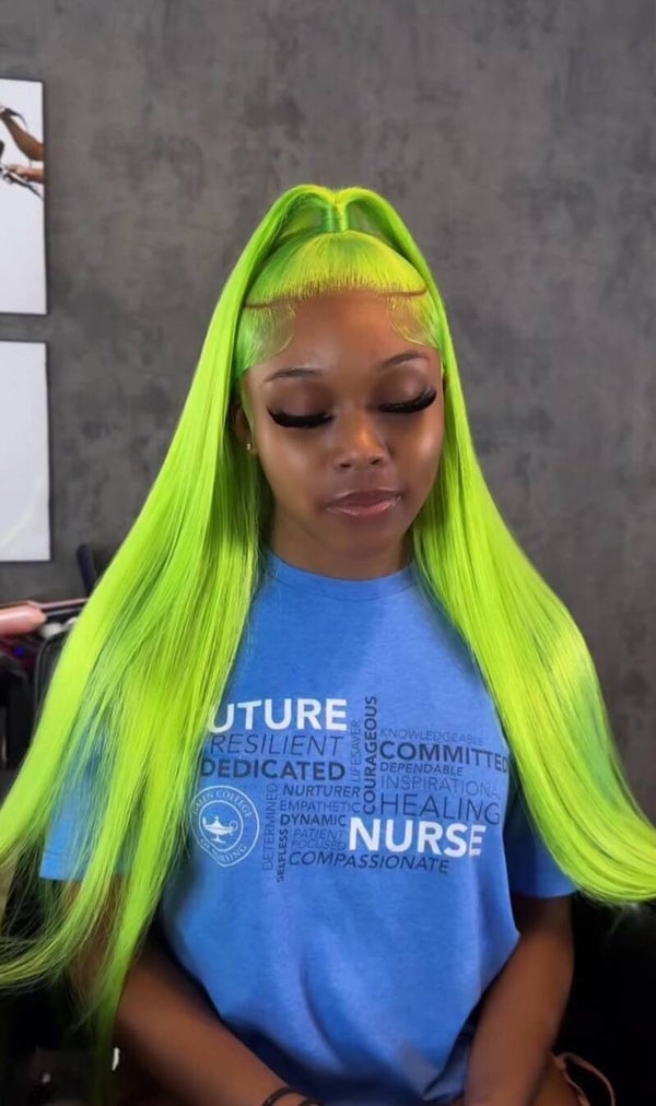 13x6 full frontal lace stw 100% human hair wine color lemon green