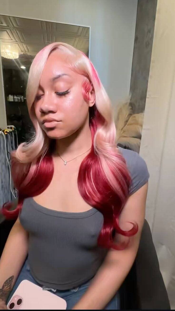 13x6 full frontal body wave  100% human hair color light pink / bug