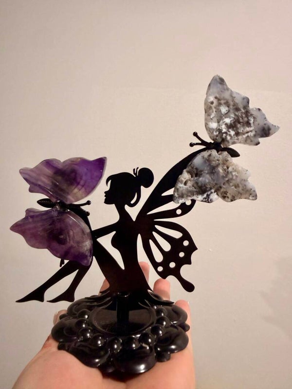 Fairy with black flower agate and fluorite butterflies