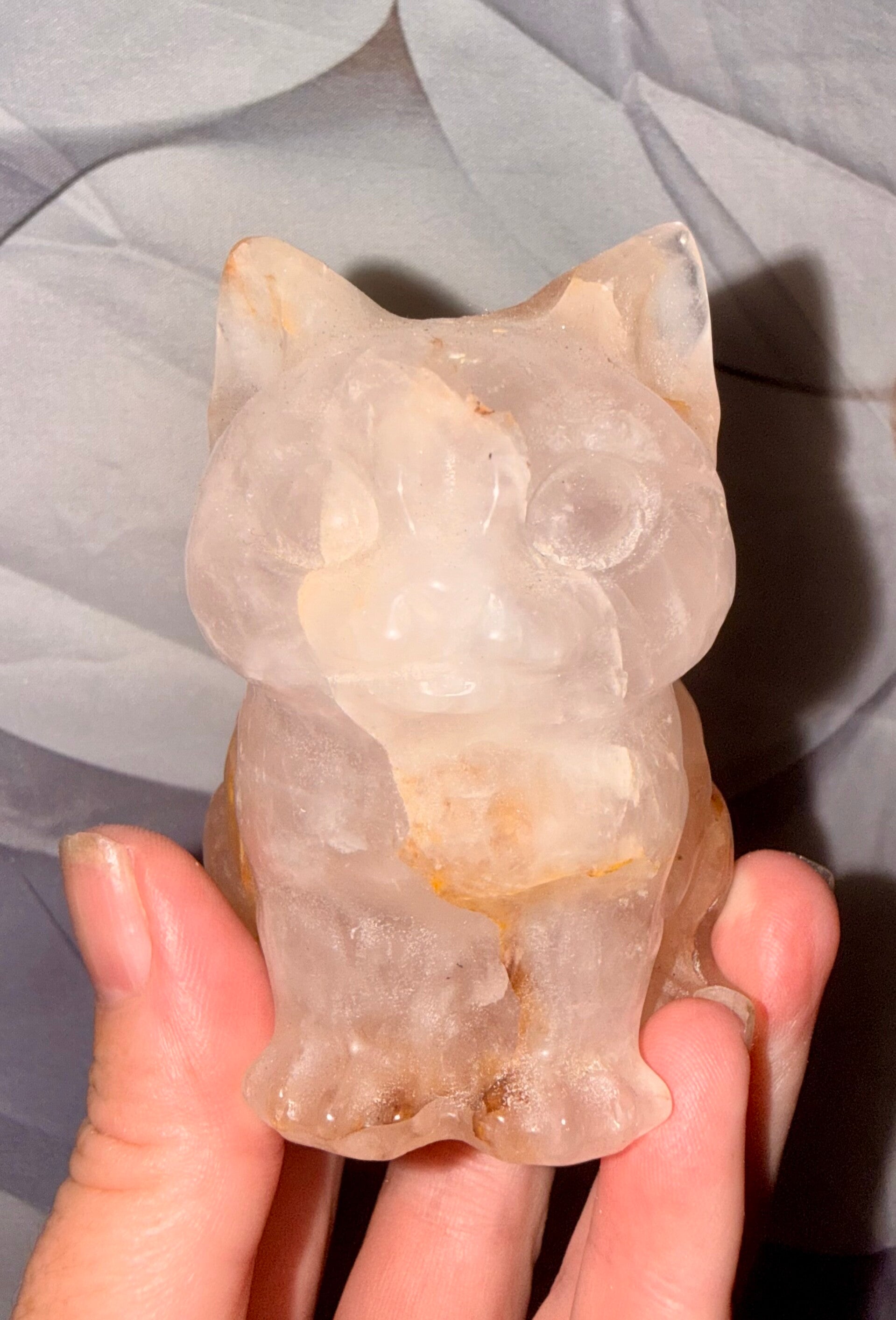 Rose quartz and golden healer Cat carving