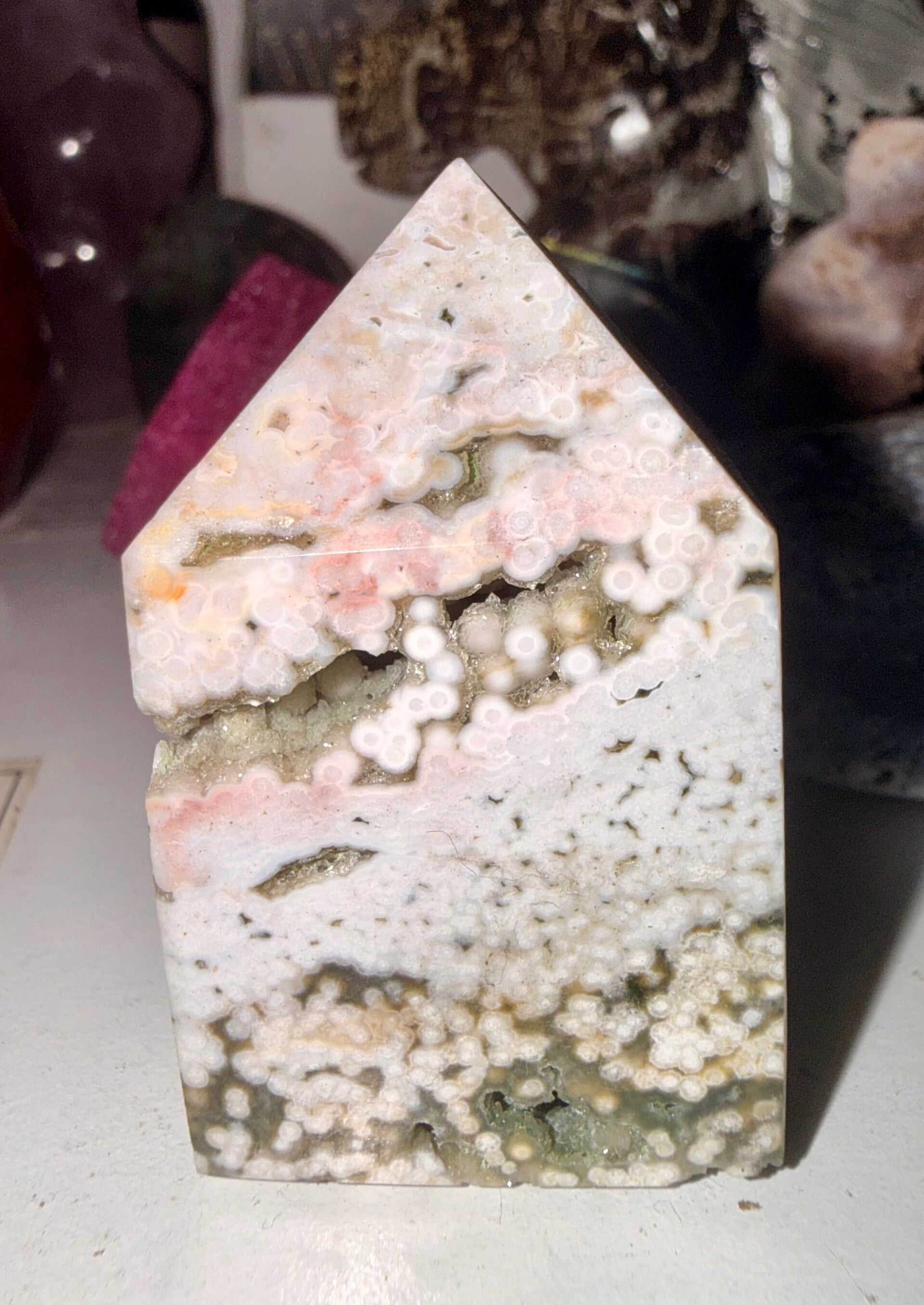 Pink and druzy ocean jasper tower small