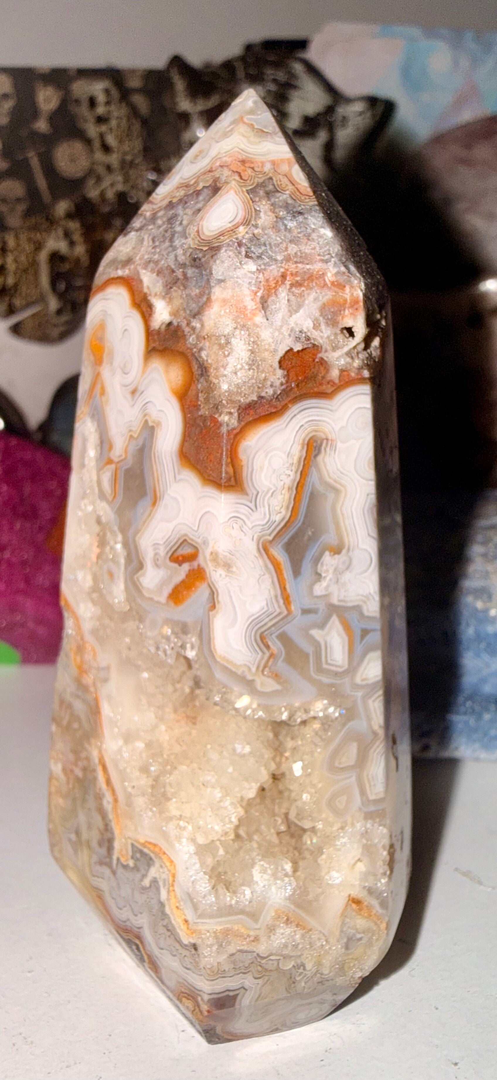 Mexican/ fire agate with druzy tower small