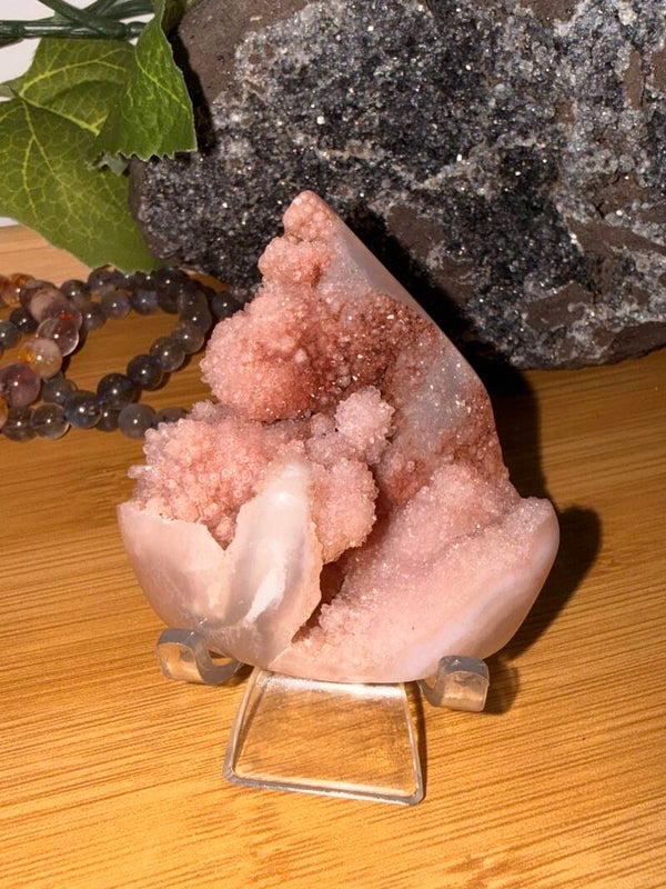 Flower agate pink amethyst on stand