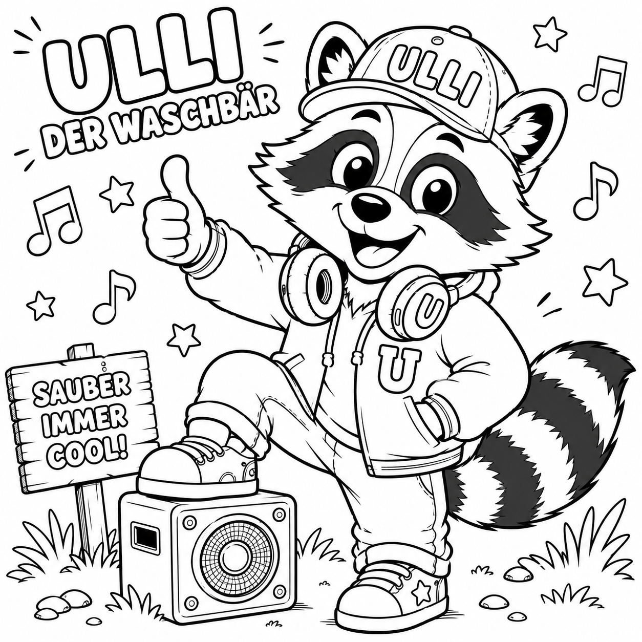 Ausmalbild von Ulli dem Waschbären