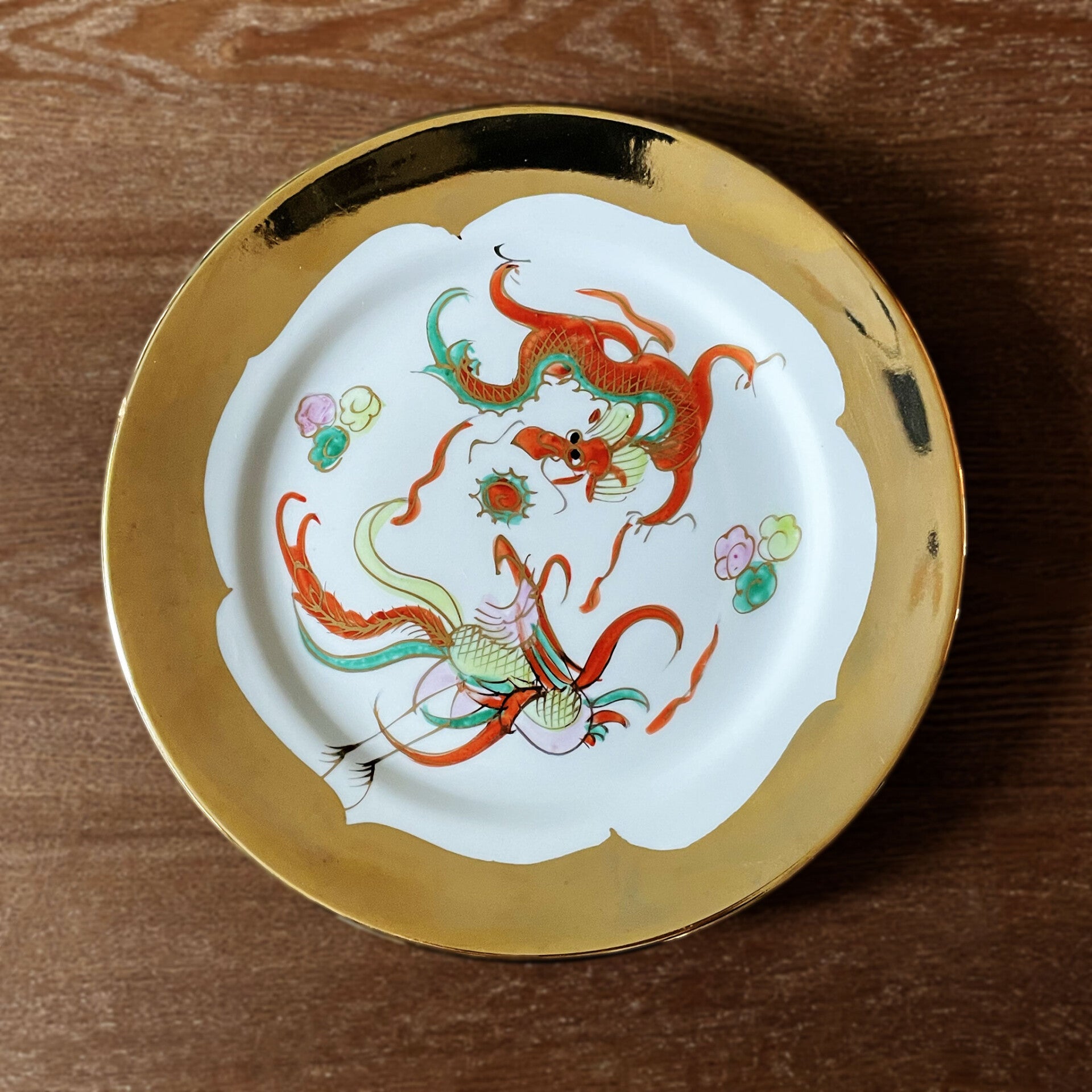 Antique Gold Chinese Dragon and Phoenix Plate