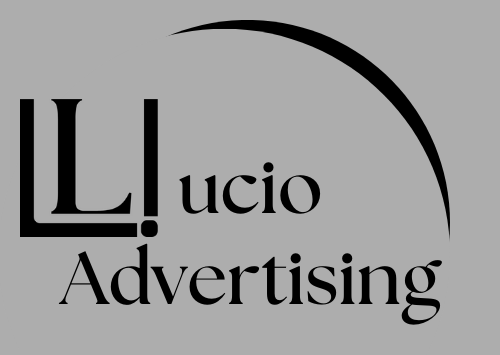 Lucio Advertising logo featuring a sleek grey design with bold black lettering, representing a professional and modern advertising service.