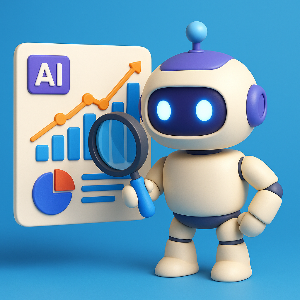 Illustrazione 3D cartoon di un robot con lente d’ingrandimento che analizza grafici e dati di marketing, simbolo di intelligenza artificiale e misurazione avanzata.