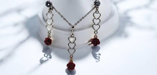 Triple Hearts with Red Rose Earrings and Necklace Set