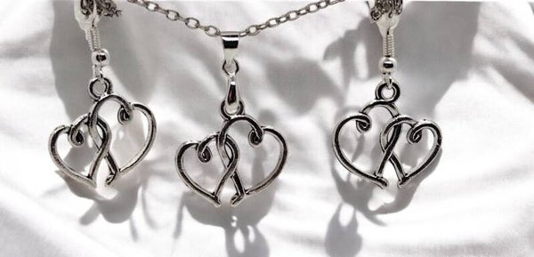 Double Heart Earrings Jewelry Set with Silver 20" Chain and 2" Extension