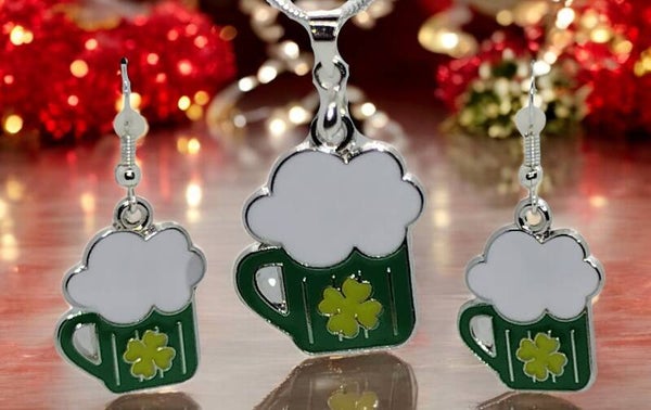 Silver Foaming Mug Earrings & Necklace Set – St. Patrick’s Day Edition