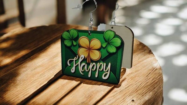 "HAPPY" Wooden Envelope Earrings – St. Patrick’s Day Edition