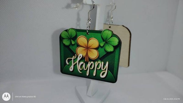 "HAPPY" Wooden Envelope Earrings – St. Patrick’s Day Edition