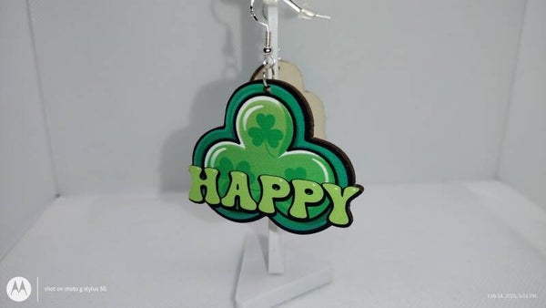 "HAPPY" Wooden Shamrock Earrings – St. Patrick’s Day Edition