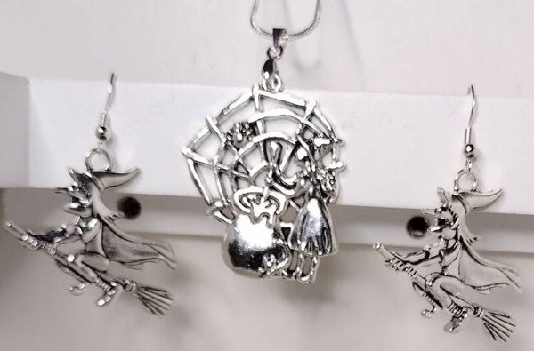 Witch’s Cauldron & Flying Witch Halloween Jewelry Set 🧙‍♀️🧹✨