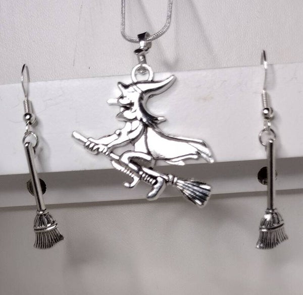 Witch on a Broom & Broomstick Halloween Jewelry Set 🧙‍♀️🧹✨