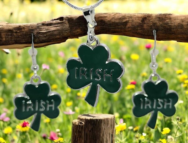 Silver Irish Shamrock Earrings & Necklace Set – St. Patrick’s Day Edition