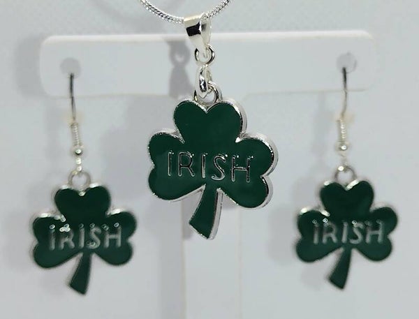 Silver Irish Shamrock Earrings & Necklace Set – St. Patrick’s Day Edition