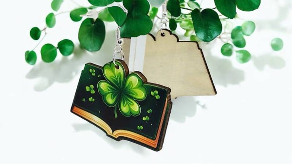 Wooden Open Book Earrings with Shamrock – St. Patrick’s Day Edition