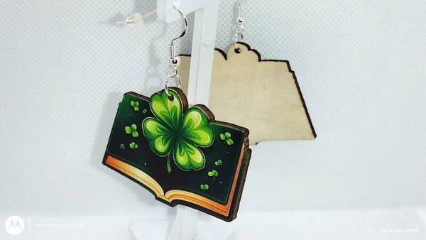 Wooden Open Book Earrings with Shamrock – St. Patrick’s Day Edition