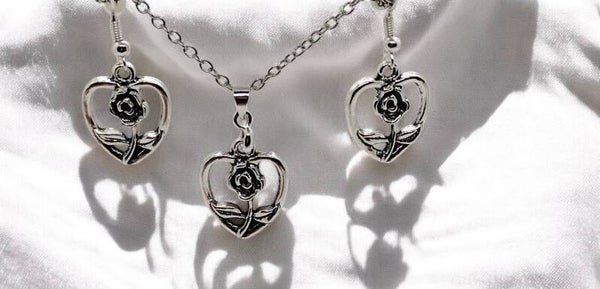 Heart with Rose Earrings Jewelry Set with Silver 20" Chain and 2" Extension