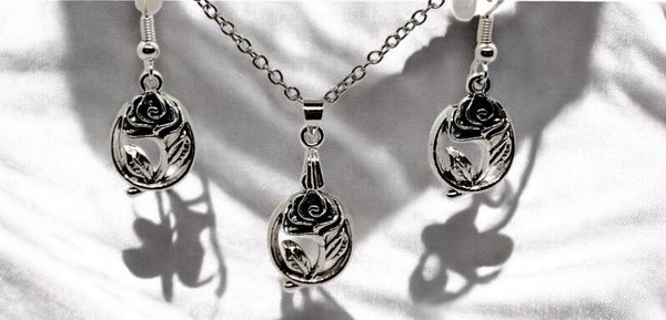 Rose with Circle Frame Earrings Jewelry Set with Silver 20" Chain and 2" Extension