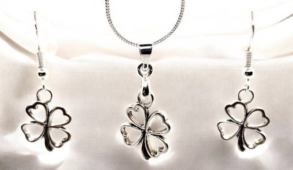 Silver Shamrock Outline Earrings & Necklace Set – St. Patrick’s Day Edition