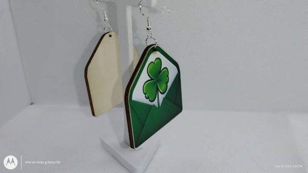 Wooden Open Envelope Earrings with Shamrock – St. Patrick’s Day Edition
