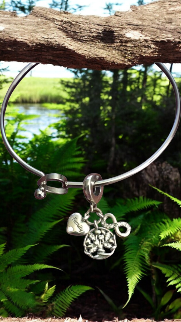 Stainless Steel Bracelet with Sterling Silver Charms – Family, Infinity, and Tree of Life
