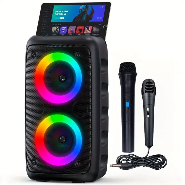 Bocina de bluetooth para fiestas con luces led RGB y 2 micrófonos