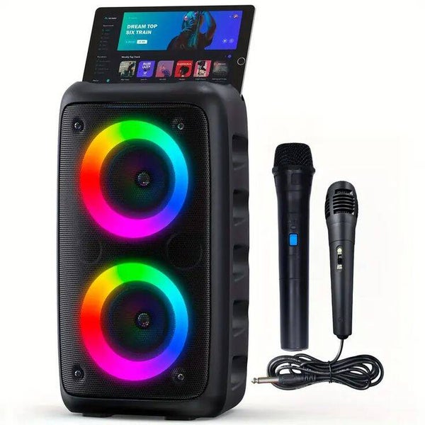 Bocina de bluetooth para fiestas con luces led RGB y 2 micrófonos