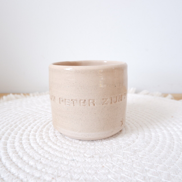 Mok keramiek zonder oor 'Wil je mijn peter zijn?'