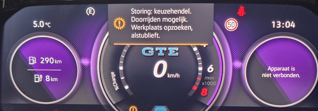 golf 8 dasboard melding: Storing Keuzehendel. Doorrijden mogelijk. Werkplaats opzoeken alstublieft.